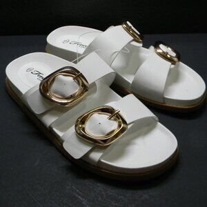 Forever Comfort Slides Sandals  White with Gold Buckle Detail Sz 6 NWOT